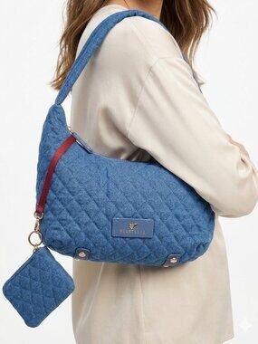 NWT Heartlove by Charo Quilted Denim Shoulder Bag with Matching Pouch